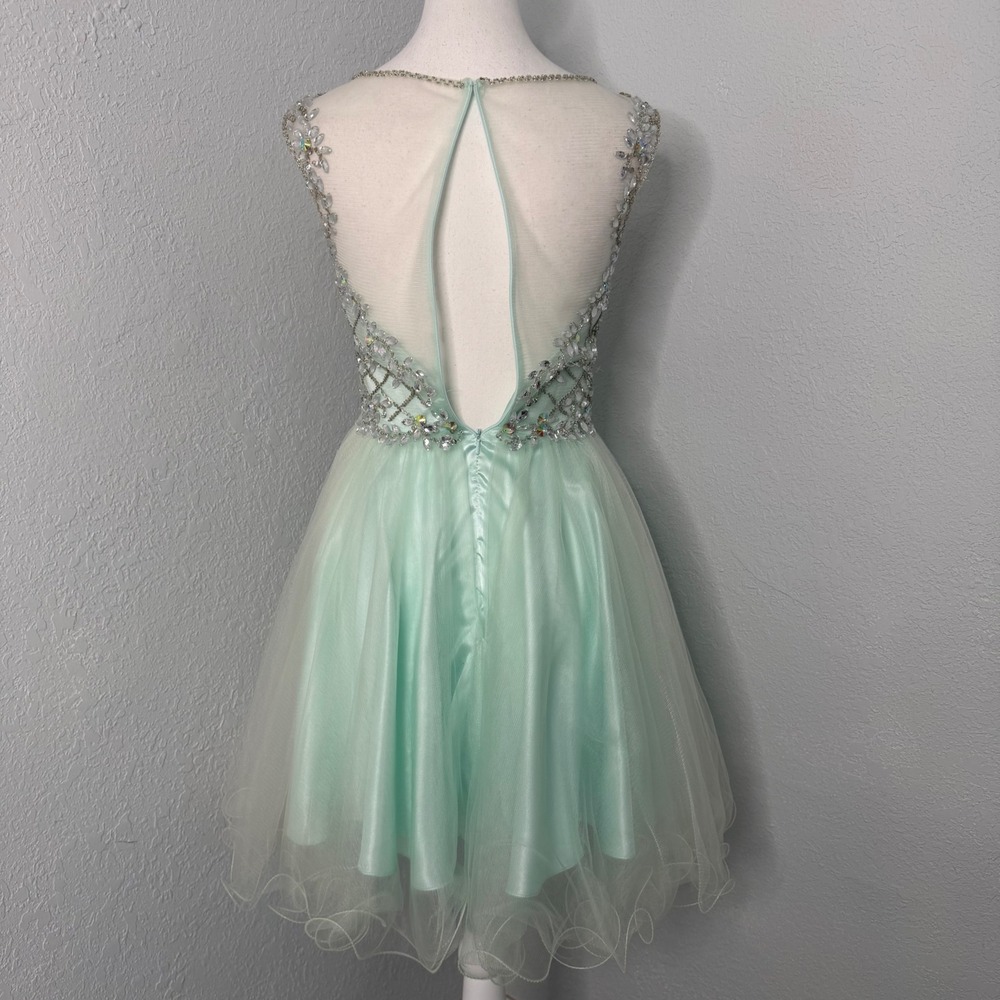 Clarisse Mint Beaded Homecoming Dress Size 2 Illusion Neck Rhinestone Fit Flare - Picture 8 of 14